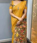 Black linen printed zari work saree with blouse