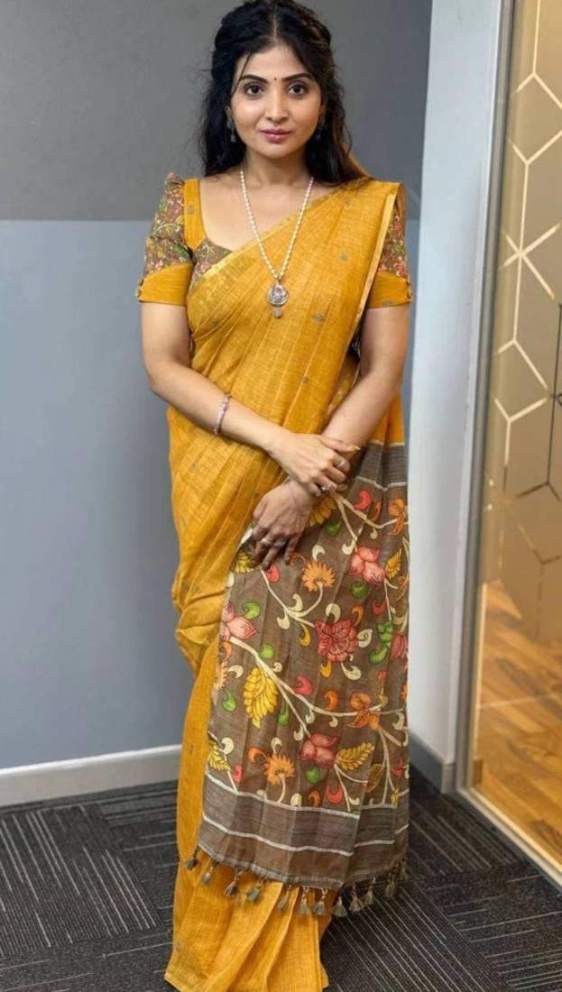 Black linen printed zari work saree with blouse