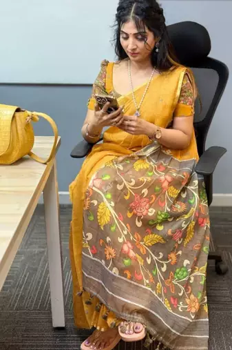 Black linen printed zari work saree with blouse