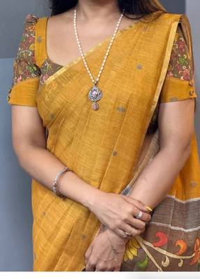 Black linen printed zari work saree with blouse 3