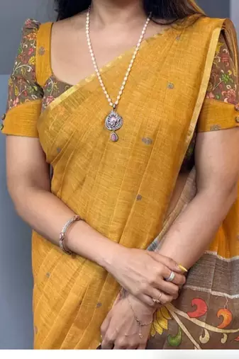 Black linen printed zari work saree with blouse