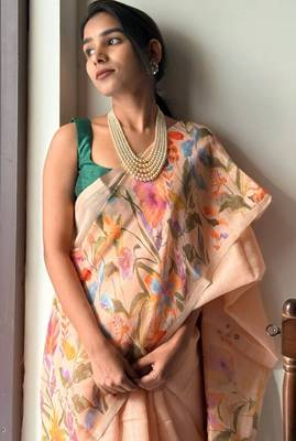 Pink linen printed zari work saree with blouse 1
