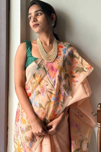 Pink linen printed zari work saree with blouse