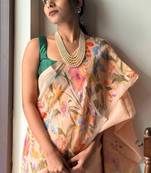 Pink linen printed zari work saree with blouse