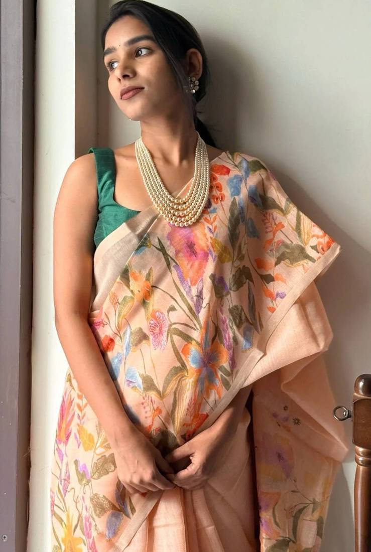 Pink linen printed zari work saree with blouse