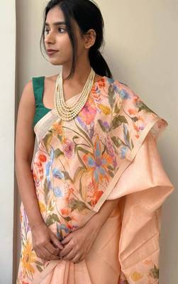 Pink linen printed zari work saree with blouse 2