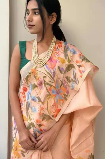 Pink linen printed zari work saree with blouse
