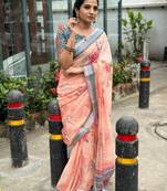 Pink linen printed zari work saree with blouse