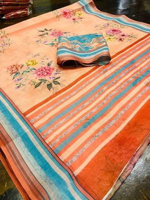 Pink linen printed zari work saree with blouse 3