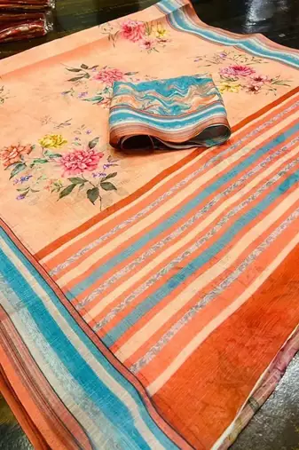 Pink linen printed zari work saree with blouse