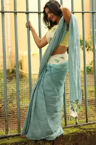 Light blue linen printed zari work saree with blouse