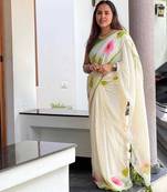 Multicolor linen printed zari work saree with blouse