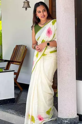 Multicolor linen printed zari work saree with blouse