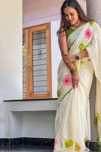Multicolor linen printed zari work saree with blouse