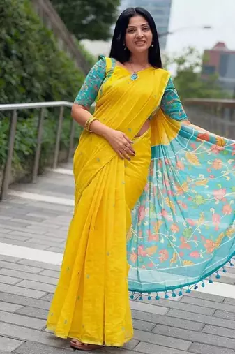Yellow linen printed zari work saree with blouse