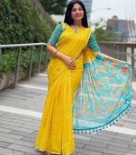 Yellow linen printed zari work saree with blouse