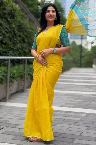 Yellow linen printed zari work saree with blouse