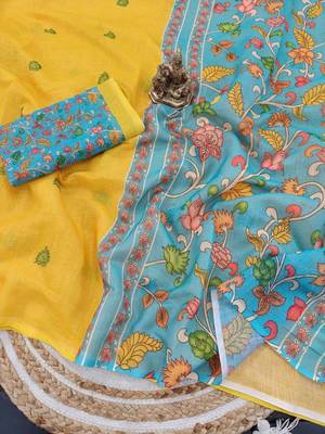 Yellow linen printed zari work saree with blouse 4