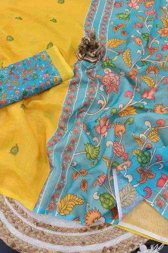 Yellow linen printed zari work saree with blouse