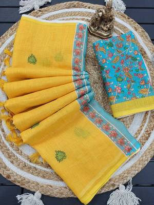 Yellow linen printed zari work saree with blouse 5