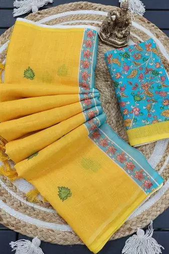 Yellow linen printed zari work saree with blouse
