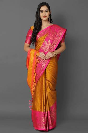 Gold jacquard woven zari work saree with blouse