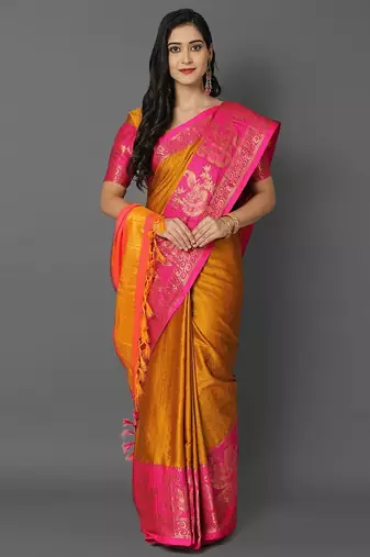 Gold jacquard woven zari work saree with blouse