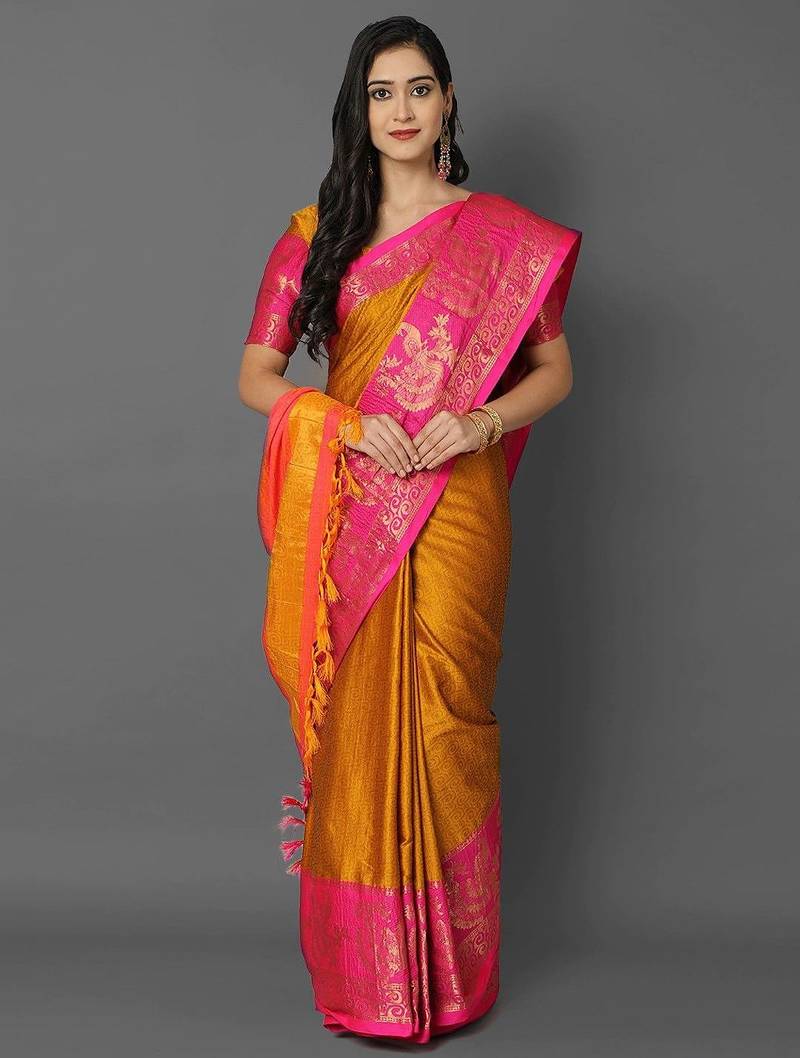Gold jacquard woven zari work saree with blouse