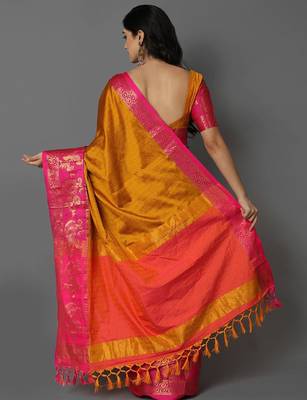 Gold jacquard woven zari work saree with blouse 2
