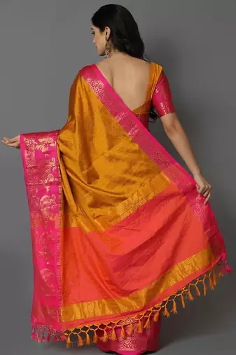 Gold jacquard woven zari work saree with blouse