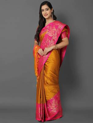 Gold jacquard woven zari work saree with blouse 3