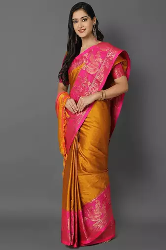 Gold jacquard woven zari work saree with blouse