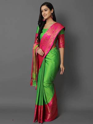 Light green jacquard woven zari work saree with blouse 3