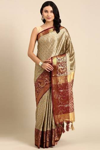 Beige pure cotton printed zari work saree with blouse