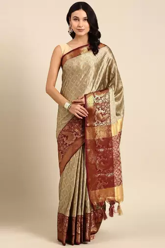 Beige pure cotton printed zari work saree with blouse