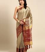 Beige pure cotton printed zari work saree with blouse