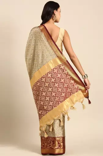 Beige pure cotton printed zari work saree with blouse