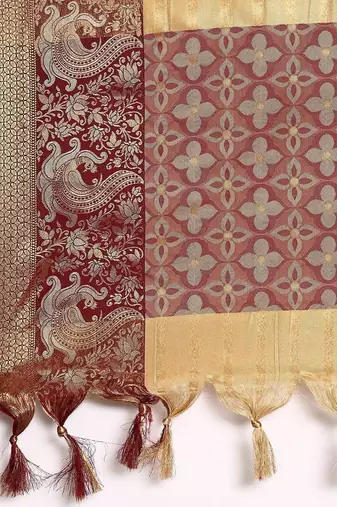 Beige pure cotton printed zari work saree with blouse