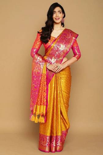 Yellow pure cotton printed zari work saree with blouse