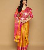 Yellow pure cotton printed zari work saree with blouse