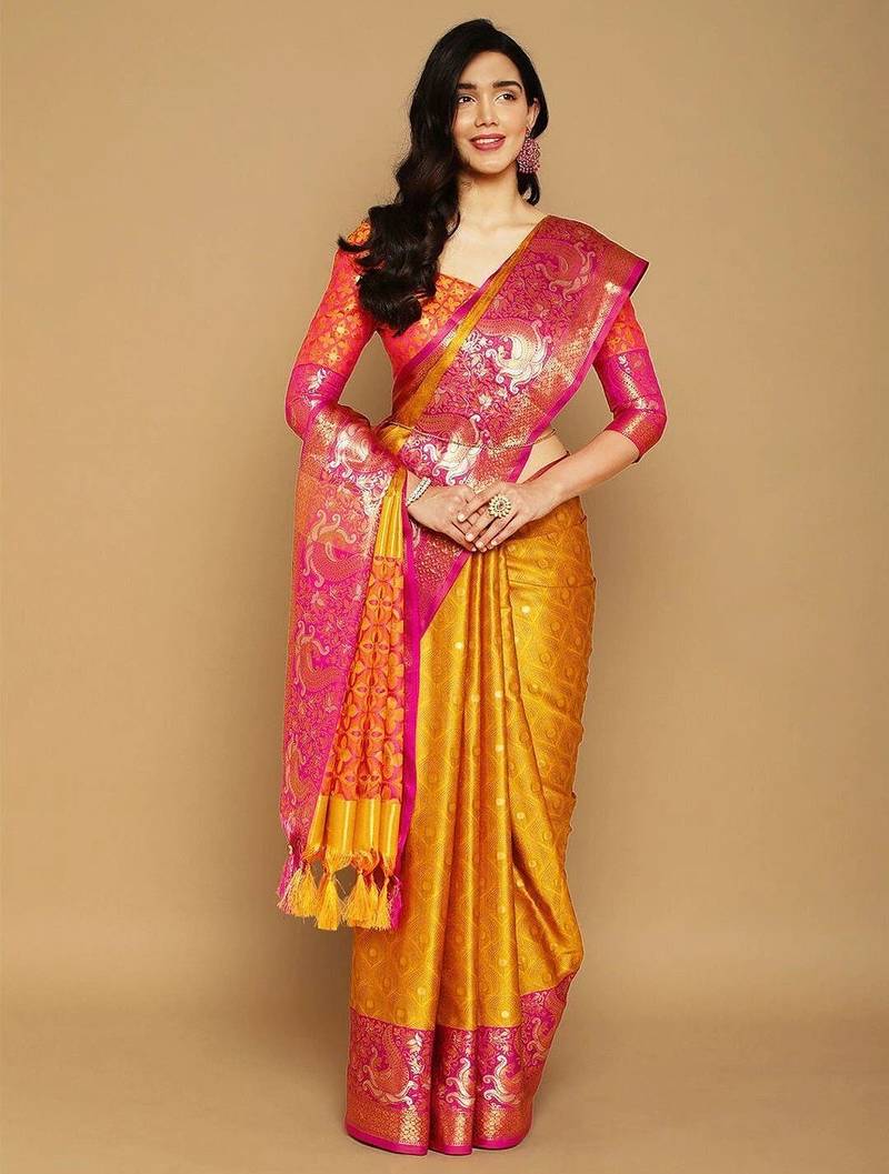 Yellow pure cotton printed zari work saree with blouse