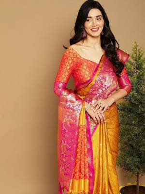 Yellow pure cotton printed zari work saree with blouse 2