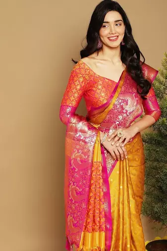 Yellow pure cotton printed zari work saree with blouse