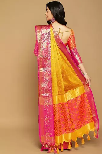 Yellow pure cotton printed zari work saree with blouse