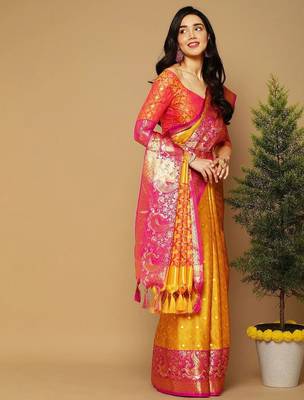 Yellow pure cotton printed zari work saree with blouse 4