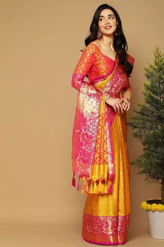 Yellow pure cotton printed zari work saree with blouse