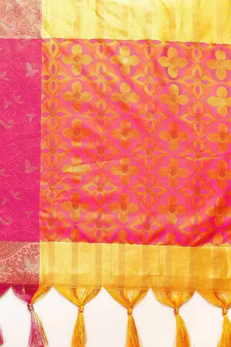 Yellow pure cotton printed zari work saree with blouse