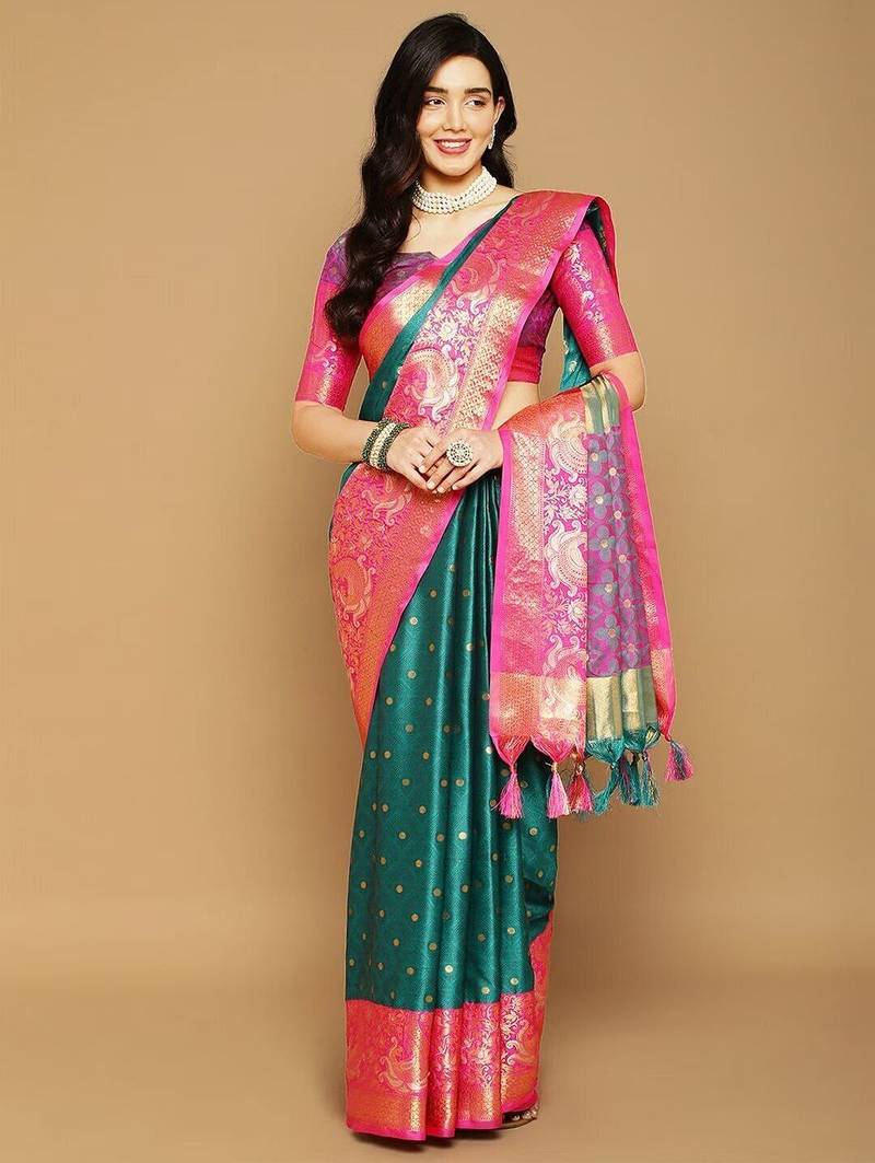 Green pure cotton printed zari work saree with blouse
