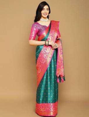 Green pure cotton printed zari work saree with blouse 3