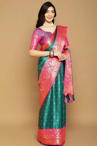 Green pure cotton printed zari work saree with blouse
